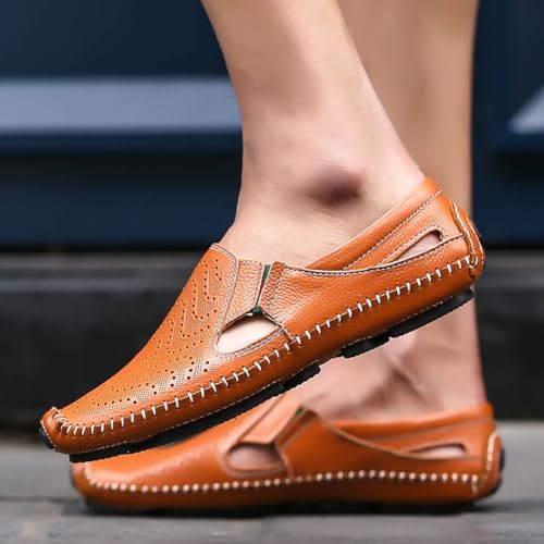 Image of Men's Breathable Summer Genuine Leather Sandal Perforated Casual Walking Driving Flats Shoes