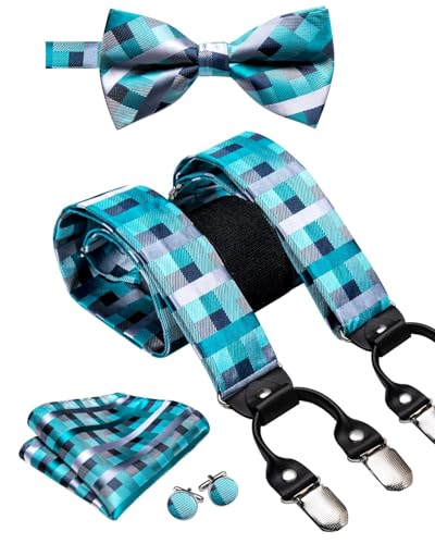Image of Hi-Tie Men Suspender Bowtie Set Suspenders Pre-tied Bow Tie Pocket Square Cufflinks Adjustable Y Shape 6 Clips Braces Tuxedo