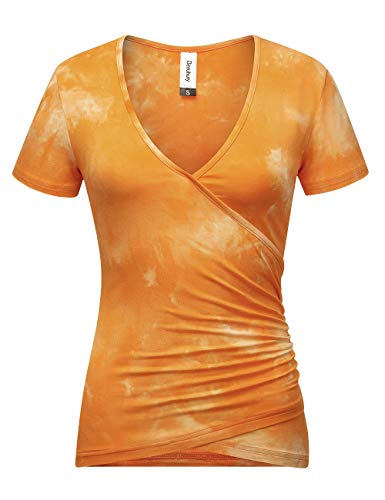 Beauhuty Women Tie Dye Tee Shirts Casual Soft Slim Fit Short Sleeves Deep V Neck Ruched Tops (S, Short-Tie Dyed Orange) #TOP20