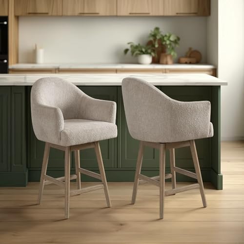 Butaco giratorio de altura de mostrador de 26 pulgadas, con asiento tapizado en tela Ancient Stone y estructura de madera sólida, marca Armen Living - Juego de 2 miniatura 1