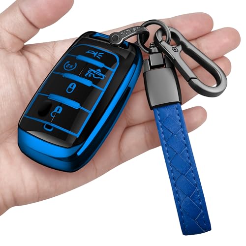 Sindeda for Dodge Key Fob Cover with Keychain Soft Full Protection Key Shell Key Case Compatible with 2019-2025 Dodge RAM 1500 2500 3500 (Blue 4-5 Buttons)