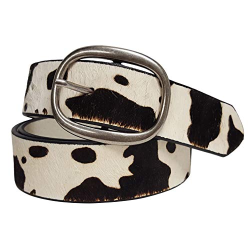 Hot Trendy Hair On Calf Leather Belt in Animal Print (Cow White/Black, Small)