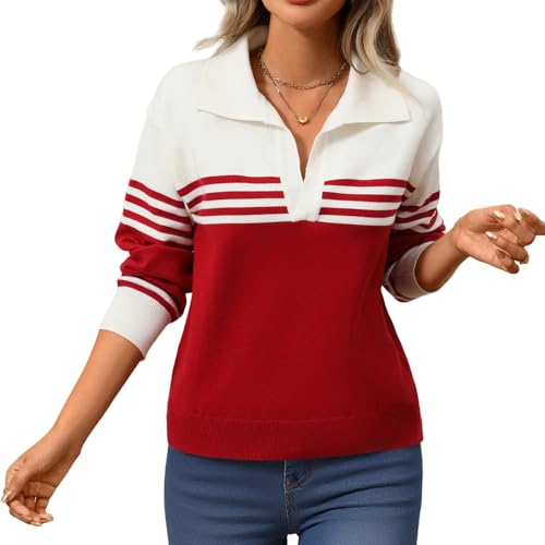 Women's Fall V Neck Sweater Color Block Long Sleeve Polo Pullover Soft Casual Striped Knitted Sweaters