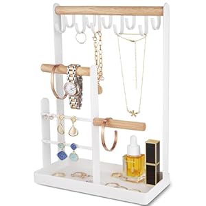 ProCase Jewelry Stand Holder Organizer, 4-Tier Necklace Holder with Ring Tray, 10 Hooks Necklaces Hanging Small Jewelry Display Storage Tower Tree for Bracelets Earrings Watches -Medium, White