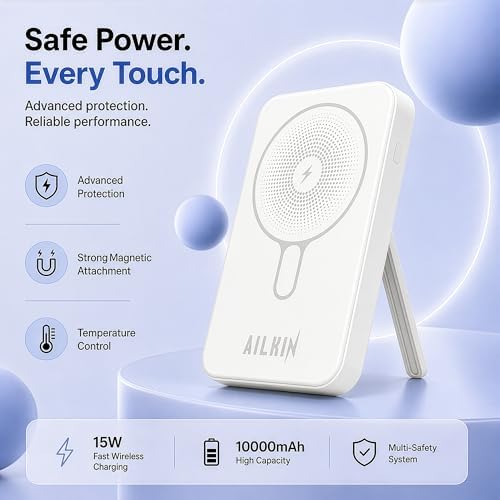 Image of AILKIN 10000mAh Magnetic Wireless Power Bank, MagSafe Compatible Portable Charger, Fast Charging Mini Power Bank for iPhone 16 /15 /14 /13 Series & Android USB-C Devices- White