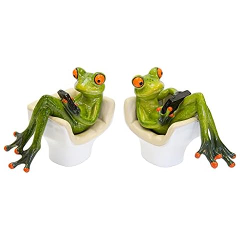 Frog Gift Statue Figure Home Ornament Decoration, Frog Gifts Set of 2 Frogs with Tablet Ipad & Phone Sofa Frogs, Bathroom Ornament Decoration Accessory, Green Frog Figurine Cover