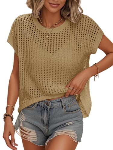 Image of Womens Summer Crochet Tops Hollow Out Cap Sleeve Cover Up Tank Top Pullover Sweater Vest Beach Vacation Clothes