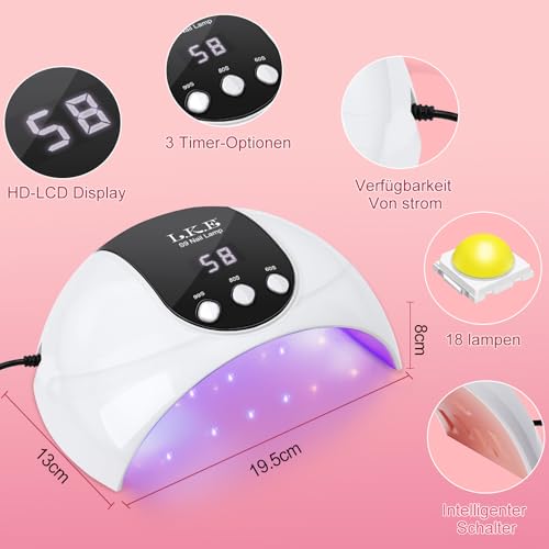 UV Lampe für Gelnägel,54W UV Lampe Nägel mit 3 Timer, LCD Display, Auto Sensor,Premium UV Lampe für Alle UV Gel Nagellack, Ideal für Anfänger und Profis, Perfektes Festivalgeschenk