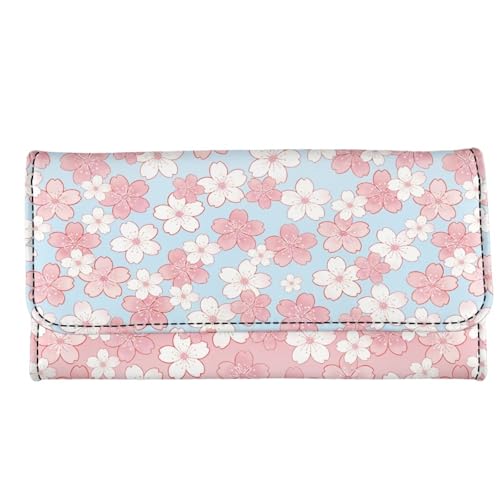 Image of AFPANQZ Womens Trifold Wallets Large Capacity Wallet, Pink Blue Cherry Blossom Luxury Three Fold Coin Purse Long Rfid Slim Card Holder Purse