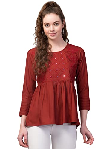 Image of FIMS - Fashion is my style Women Cotton Pleated & Gathered Embroidery Stone Full Sleeves Top Regular Fit Round Neck Tops for Girls
