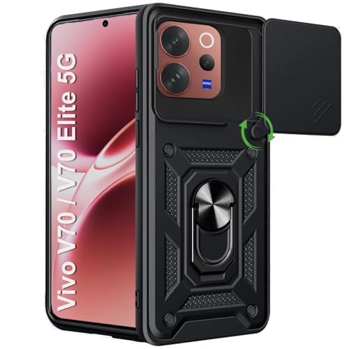 Image of AIBEX Back Cover Compatible for Vivo V70 5G / Vivo V70 Elite 5G | D10 Tough Armor Case | Sliding Camera Shield | 360 Protection | Kickstand Ring Holder | Military-Grade Bumper Case - Black