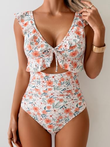 Image of Eomenie One Piece Swimsuit for Women Tummy Control Ruffle Bathing Suit V Neck Ruched Swim Suit Slimming Cutout Swimwear