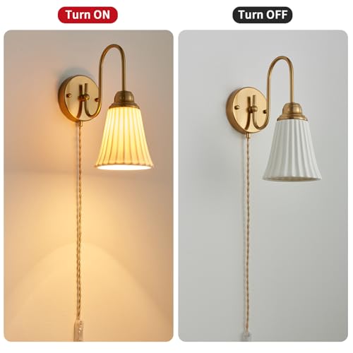 Image of Fetason Plug in Wall Sconces Set of 2, Modern Ceramic Gold Wall Sconce Light with Switch, Vintgae Bedside Wall Lamp Light Fixtures for Living Room Bedroom Kitchen Home Office Hallway