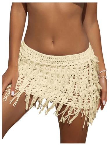 Verdusa Women's Fringe Trim Hollow Out Crochet Short Skirt Cover Up