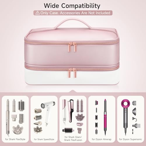 Image of Travel Hair Dryer Case for Shark Glam, Portable Hair Tools Bag for Shark FlexFusion, Double-Layer Storage Carrying Case for FlexStyle Blow Dryer, Silki Straightener & Glossi Attachments Holder (Pink)