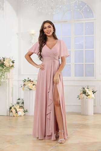 Image of HANVAIOS Long Sage Green Bridesmaid Dresses for Wedding Chiffon V Neck Short Sleeve Evening Gown with Slit Pocket Size 8