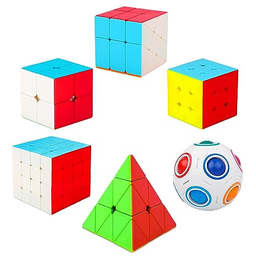 Coolzon Zauberwürfel Set, 6 Stück Speed Cube Set 2x2 3x3 4x4 Pyraminx Fenghuolun Magic Regenbogenball Magic Cubes für Kinder und Erwachsene mit PVC Aufkleber