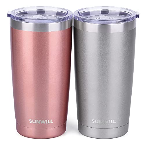 Image of SUNWILL Travel Coffee Mug Set of 2, 20 oz Tumbler with Lid, Insulated Stainless Steel Cup for Water, Tea, Ice, Rose Gold & Cool Grey