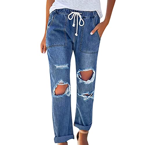 Maiyifu-GJ Women Pull On Distressed Denim Joggers Drawstring Elastic Waist Ripped Stretch Jeans Hole High Waist Stretch Pants (Dark Blue,Large)