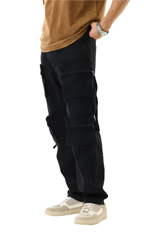 Image of SNITCH Men Cargo Pants | Baggy Fit with Multiple Utility Pockets & Turned-Up Cuffs | Cotton Blend Fabric for Streetwear & Casual Outings