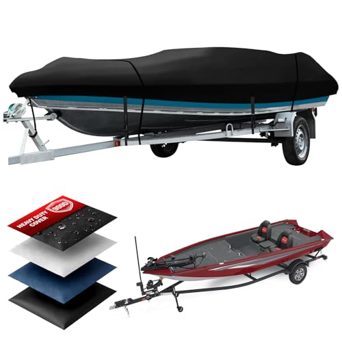 Heavy Duty Jon Boat Cover 14.1-17ft Marine Grade Waterproof Tarp Covers with Adjustable Windproof Tightening Strap & Anti-UV fit 14ft 15ft 16ft 17ft Jon Boat/V-Hull/Fishing Boat
