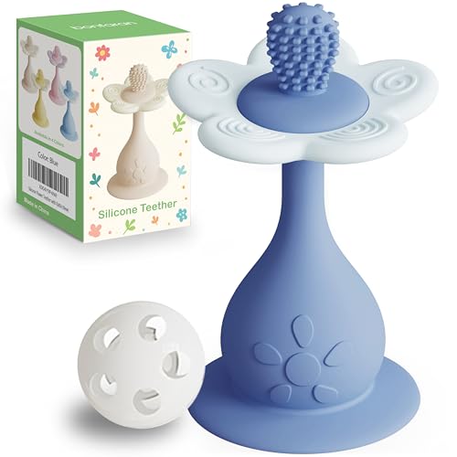Image of Flower Teether Rattle, Silicone Baby Teething Toy 0-24M [Blue] | 360 Multi-Texture, Nipple-Shaped End, Anti-Choking Design, Stand-Up Base, Baby Girl & Boy Teether, BPA-Free, Teething Relief