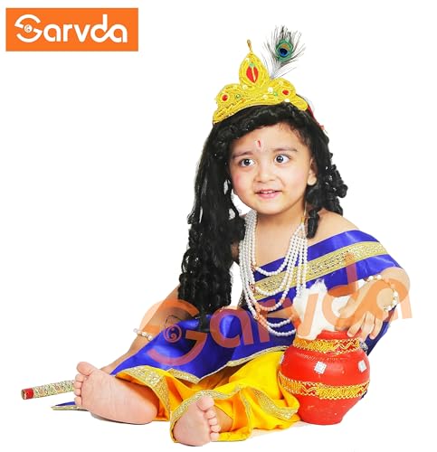 Image of Sarvda Shree Krishna Dress for Baby Boy & Radha Dress for Girls | Janamashtami Dress | Fancy Dress Costume with Accessories Dhoti, Dupatta, Mukut Flute Complete set, Ethnic wear