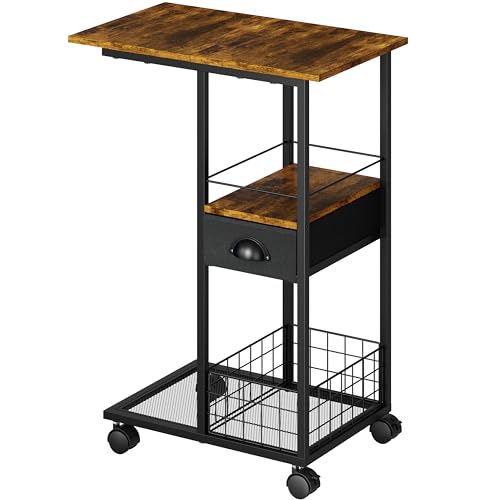 Sonyabecca C Shaped Sofa Side Table: Couch End Table with Drawer - Bedside Table with Wheels -...