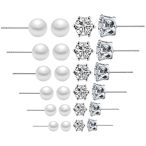 OUGWA 12 Pairs Stainless Steel Clear Cubic Zirconia Pearl Stud Earrings Women's Stud Earrings Set (Pearl Earrings) Cover