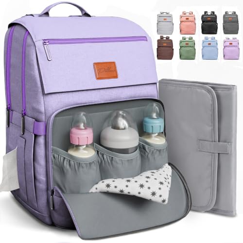 Image of Baby Shower Gifts for Mom - Diaper Bag Backpack - 16 Organizer Pockets Baby Diaper Bag w / Insulated Bottle Holders & Wipes Pocket, Large Capacity Baby Bag Backpack - Waterproof & Easy to Clean, Purple
