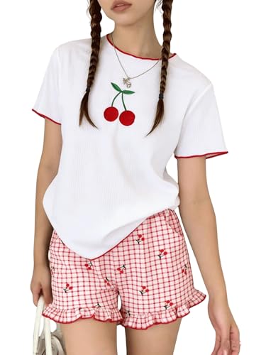 Image of Yoxindax Tween Girls Summer 2-Piece Outfit Set - Crew Neck Short Sleeve T-Cherry Print Shorts 7-14Y Summer Clothes