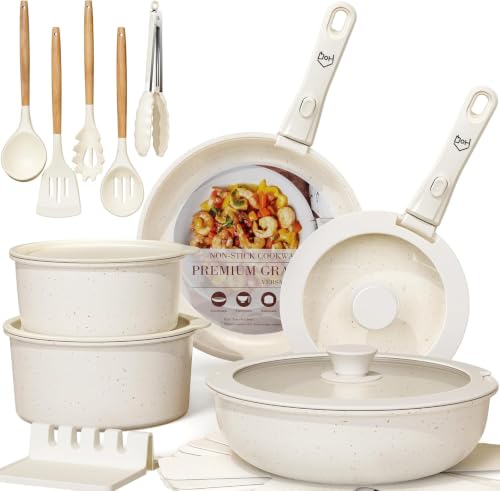 Image of House of Quirk 21 Pcs Maifan Stone Non Stick Ceramic Cookware Set | Pots & Pans with 2 Detachable Handles | Removable Handle RV Kitchen Cooking Set | Oven Safe, Induction Ready, Stackable (Beige)