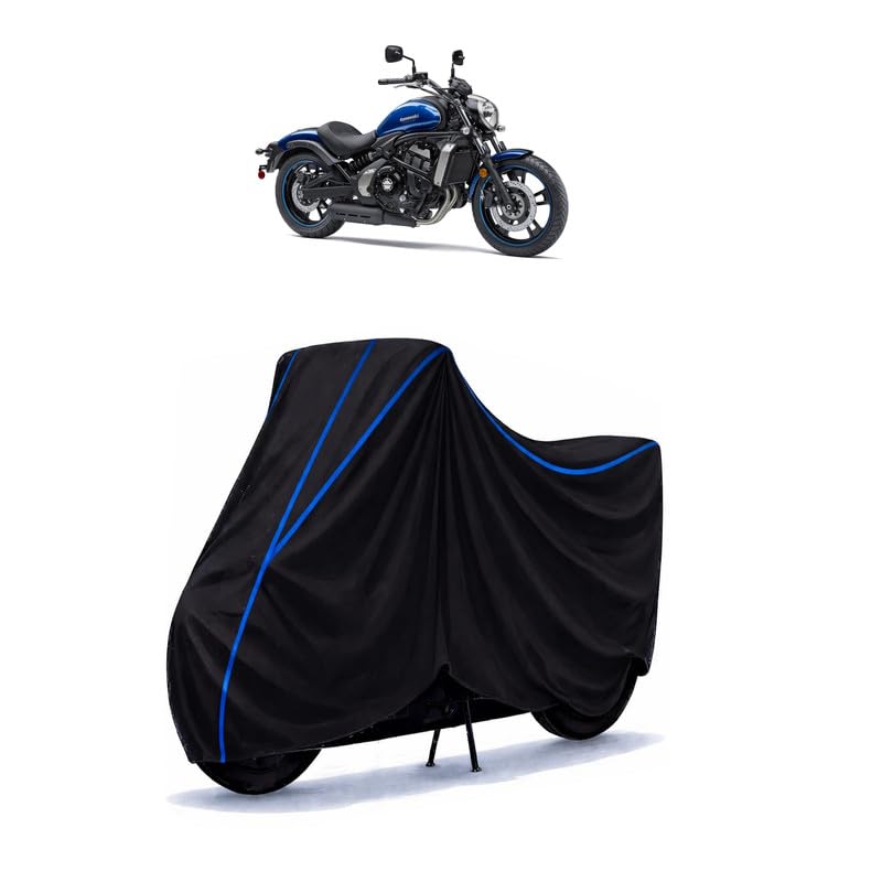 Image of Vulcan S ABS Bike Cover Water Resistant Universal Motorcycle Rain | Heavy Duty UV Protection, Dust, Scratch Indoor Outdoor All Weather with Black Blue Piping Elastic
