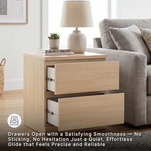 Image of Signature Design by Ashley Onita Two Drawer Nightstand, Minimalist Hardwareless Wood Look, Compact Bedroom Storage, Natural Beige, 20 Inch