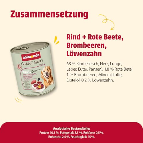 animonda GranCarno Hunde Nassfutter Single Protein Superfoods Rind pur (6 x 800g), getreidefreies Hundenassfutter ohne Zucker, für ausgewachsene Hunde, mit frischen fleischigen Zutaten