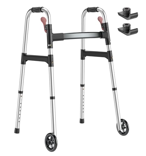 Walkers for Seniors, One-Hand Folding, 8 Height Adjustments, Walkers with Wheels, 2 Skis and 5' Wheels, Lightweight Walker for Seniors, Standard Walkers for Seniors, Aluminum Frame, Frosted Silver