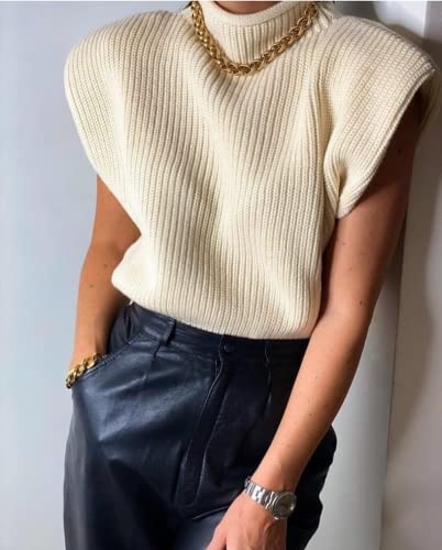 Shoulder Pad Sweater Ribbed Knit Sweater Top Women's Basic Sleeveless Turtleneck Sweater Vest Ribbed Knit Solid Color Fashion Shoulder Pad Knitted Top Tank Pullovers 0460 (Apricot,L) #TOP6