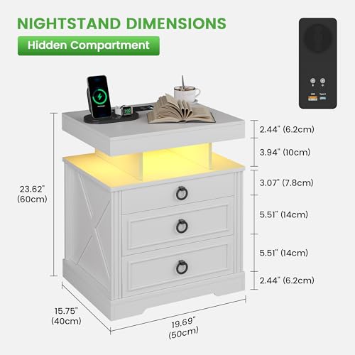 Image of HNEBC Gun Nightstand with Hidden Drawer&Wireless Charging &LED Lights-White | Smart Farmhouse Nightstand with Charging Station,3 Color Auto Light, Hidden Storage,3 Drawers for Bedroom Furniture