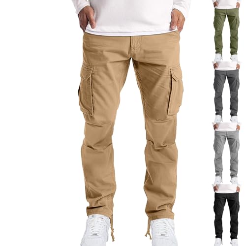 Baggy Cargo Pants Men Button Waist Straight Leg Work Pants Comfy Lightweight Multi Pockets Regular Cotton Dress Pants