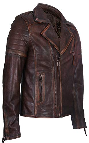 Men's Brown Slim Fit Brando Style Double Cross Zip 100% Leather Biker Jacket2