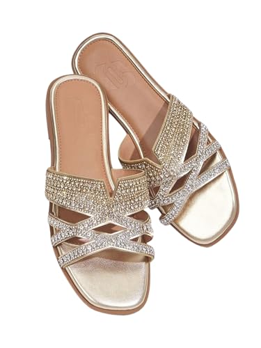 SweatyRocks Women's Sparkly Rhinestone Flat Sandals Open Toe Glitter Slip on Crossed Strap Slide