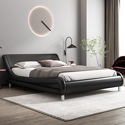 Deluxe Faux Leather Upholstered Platform Bed Frame with Headboard, Low Profile Wave-Like Design, Wood Slat Support, Easy Assemble, Queen Size, No Box Spring Needed, Black