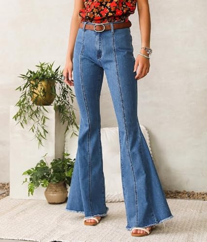 Women's Flare Bell Bottom High Waist Jeans Vintage Star Patch Stretchy Denim Pants Wide Leg Bootcut Jeans Trousers3