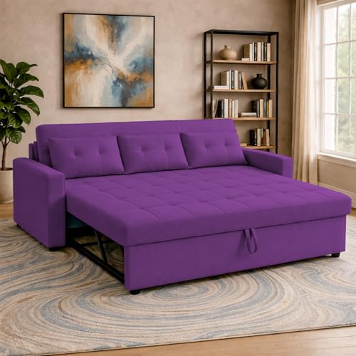 Image of Emilio 3 Seater with Ottomon Pull-Out Sofa Cum Bed (Purple Color) Premium Fabric Sofa Set for Living Room | Bedroom