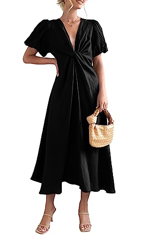 Heltapy Women Puff Sleeve Maxi Dress Twist Front V Neck Long Dresses Casual Summer Beach Midi Dress Black