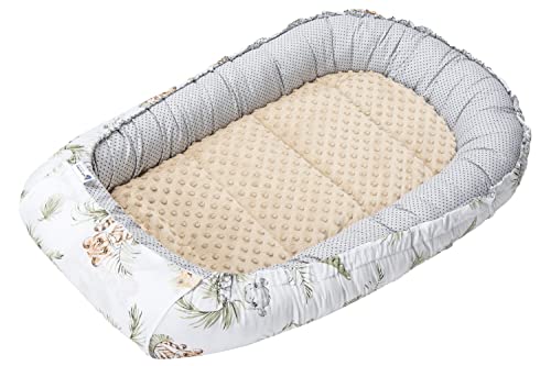 Medi Partners Reducteur de Lit Bebe - Réducteur Bébé 100x60x15cm Cocon et Naissance couffin Nid d'ange bilatéral Cale 100% Coton Minky (Safari avec Minky Beige)