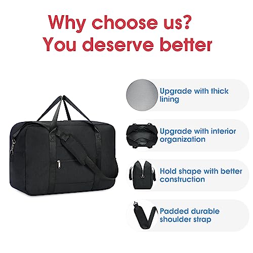 Narwey Handgepäck Tasche für Flugzeug Faltbare Reisetasche Damen Weekender Bag Sporttasche Damen Herren Handgepäck Koffer Groß 40L(Schwarz)