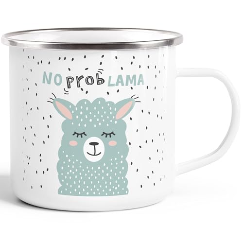 MoonWorks® Emaille-Tasse Becher Spruch No Prob Lama Motiv lustig Kaffeetasse Kindertasse Weiss-metall Emailletasse