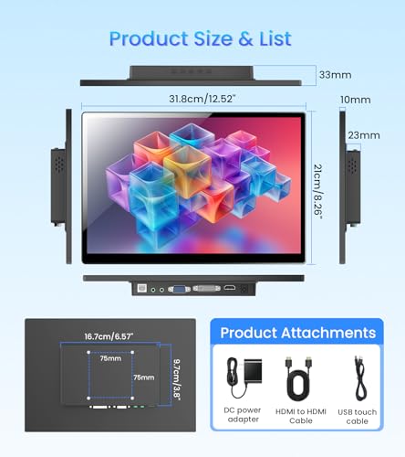 Image of 14 inch FHD Portable Touchscreen Monitor with HDMI VGA DVI Ports Compatible with Laptops PC PS5 /4, Industrial, POS, Kiosk, Screen Extender 1920x1200 HDR IPS Small Touch Screen Display 500 nits