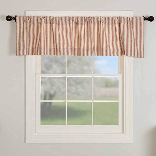 Piper Classics Market Place Red Ticking Stripe Valance, 16" X 72", Farmhouse Kitchen Curtain In Brick Red & Natural Cream Stripes #TOP1